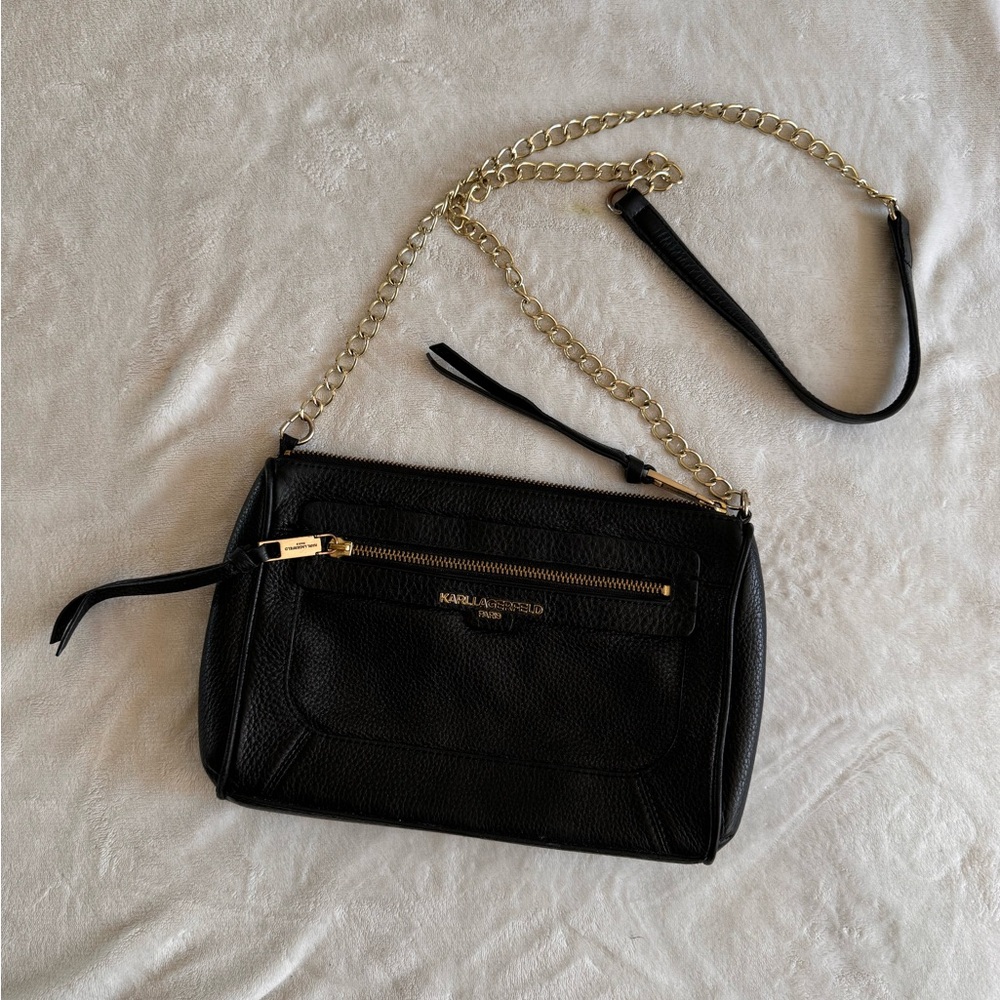 KARL LAGERFELD Black Leather Gold Chain Shoulder Bag Crossbody